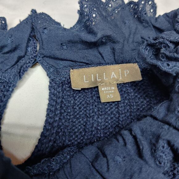 Lilla P Ruffle Eyelet Collar Stretchy Knit Cotton Sweater XS Navy Blue Preppy - Picture 6 of 10